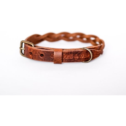 Cooper & Quint Twisted - Halsband hond gevlochten leer - Bruin - Oud Messing - Medium