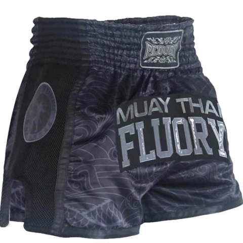 Fluory Kickboks Broekje Muay Thai Short Dragon Zwart Grijs maat M