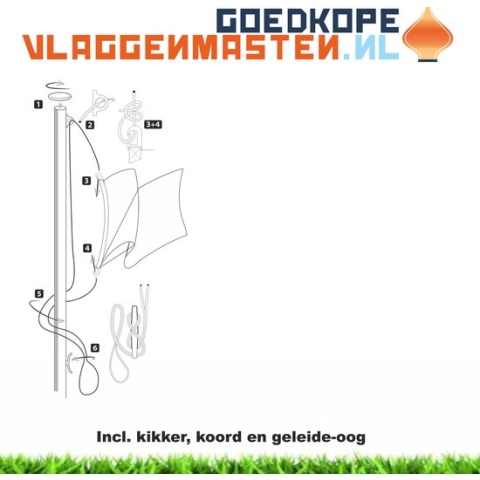 Vlaggenmast BASIC 8 meter aluminium cilindrisch ø 85 mm, wit incl. knop, kikker, koord en geleide-oog - 8508W1 (zonder grondbevestiging)