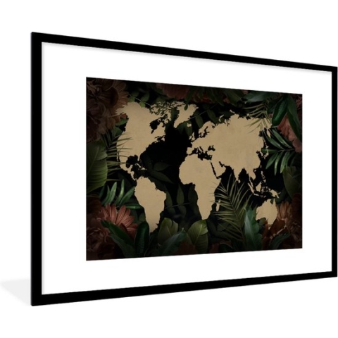 Fotolijst incl. Poster - Wereldkaart - Bladeren - Bloemen - 90x60 cm - Posterlijst