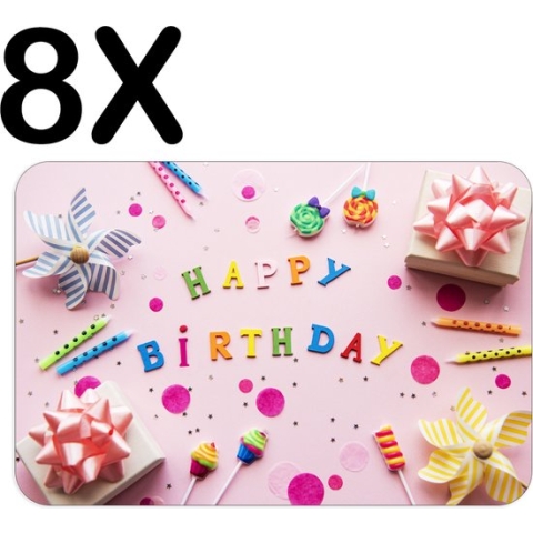 BWK Flexibele Placemat - Vrolijke Roze Happy Birthday - Set van 8 Placemats - 45x30 cm - PVC Doek - Afneembaar