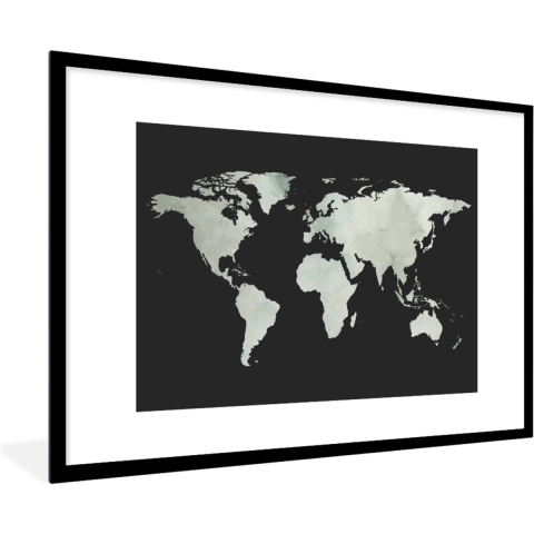 Fotolijst incl. Poster - Wereldkaart - Grijs - Zwart - 120x80 cm - Posterlijst