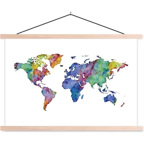 Posterhanger incl. Poster - Schoolplaat - Wereldkaart - Waterverf - Regenboog - 150x100 cm - Blanke latten