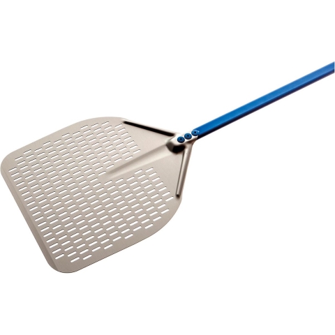 Pizzaschep - 33 x 33 cm - geperforeerd - handvat: 60 cm - Geanodiseerd aluminium)