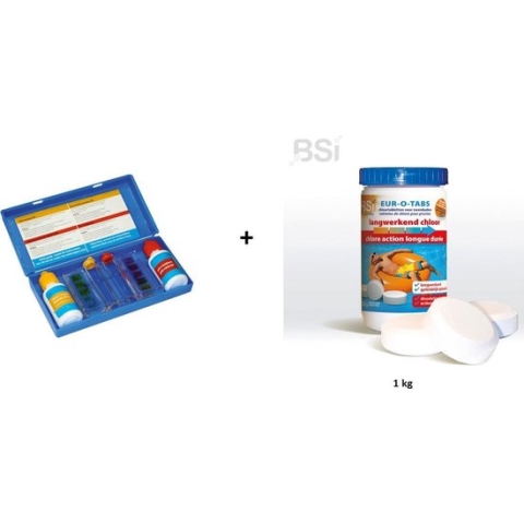 Zwembad chloor kit: Test kit + langwerkend chloor 1kg (tabletten)