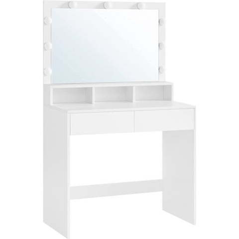 Make-Uptafel, Met Ledverlichting, İnstelbare Helderheid, Kaptafel Met Spiegel, Make-Uptafel Met 2 Laden En 3 Open Vakken, Kapcommode, Modern, Wit