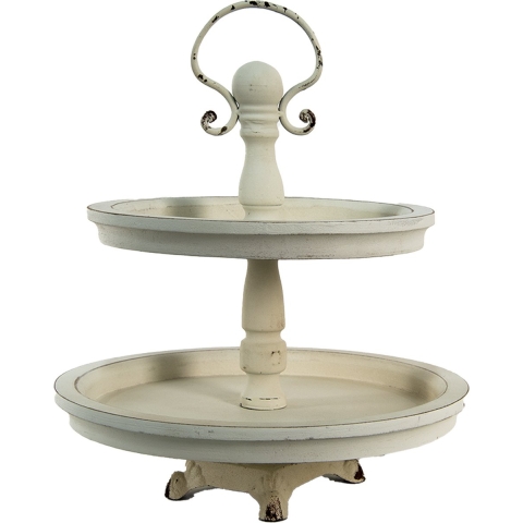 Clayre & Eef Etagère 2 laags Ø 30x36 cm Beige Hout Rond Serveerschaal