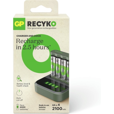GP ReCyko Batterijlader - (USB) B421 4-slot incl. 4 x AA 2100 mAh + Docking - Oplaadbare batterijen - Batterij oplader