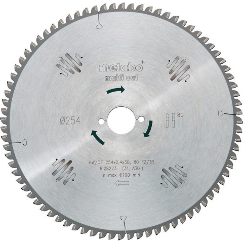 Metabo 628223000 Multi Cut Cirkelzaagblad - 254 X 30 X 80T Hout / Epoxy / Aluminium / Kunststof