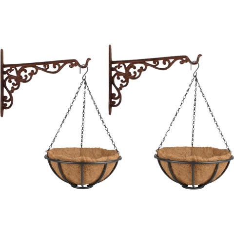Set van 2x stuks Hanging baskets 30 cm met muurhaken - metaal - complete hangmand set -