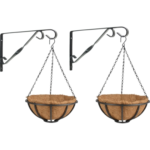 Set van 2x stuks Hanging baskets 30 cm met muurhaken - metaal - complete hangmand set -