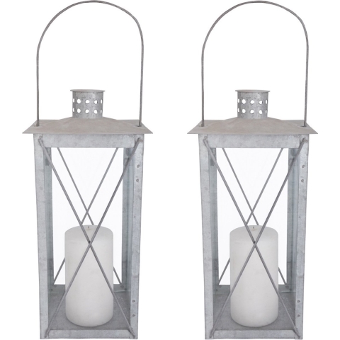 Set van 2x stuks zilveren tuin lantaarn/windlicht van zink 17,2 x 17,2 x 36,5 cm -