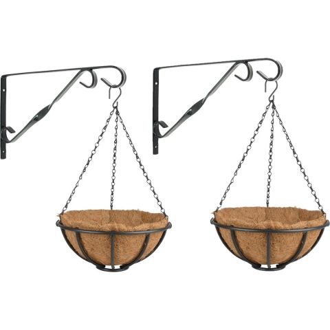 Set van 2x stuks Hanging baskets 30 cm met muurhaken - metaal - complete hangmand set -