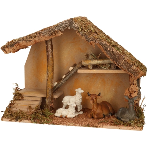Complete kerststal met dieren beeldjes - 50 x 23 x 31 cm - hout/mos/polyresin -