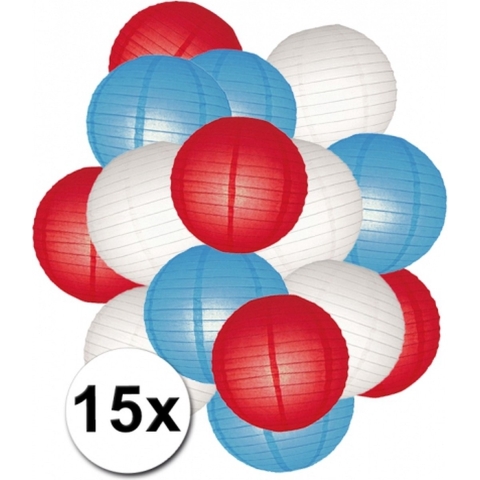 Rood, wit en blauwe lampionnen pakket 15 stuks -