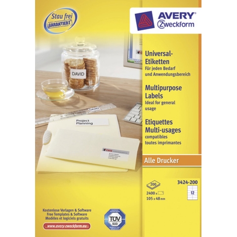 Avery-Zweckform 3424-200 3424-200 ( 105 x 48 mm ),Wit, 2640 stuk(s), Permanent hechtend