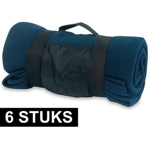 6x Fleece dekens/plaids blauw afneembaar handvat 160 x 130 cm -