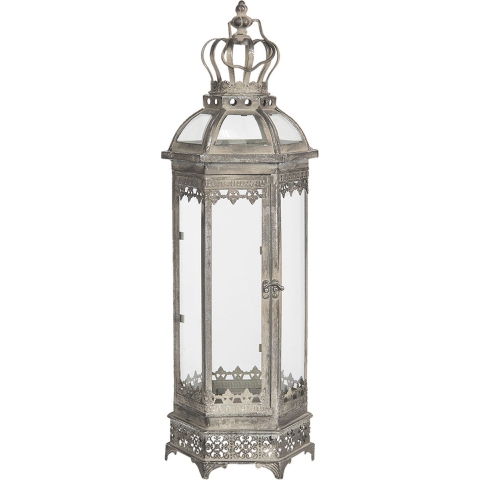 Clayre & Eef Lantaarn 58 cm Zilverkleurig Ijzer Zeshoek Kaarsenhouder