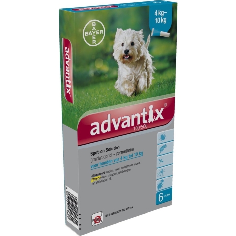 Advantix® 100/500 Spot-On Solution voor Honden 4 - 10 kg - Dubbelpak: 2 x 6 Pipetten - BE