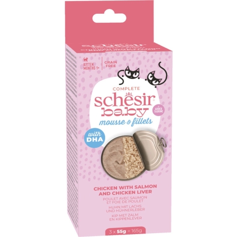 12x Schesir Baby Kitten Mousse&Filets Kip&Zalm&Kippenlever 3 x 55 gr