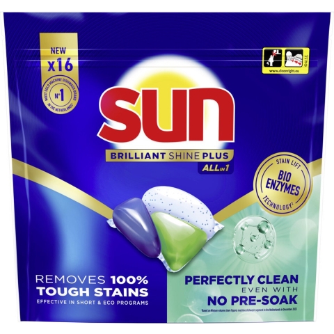 8x Sun Brilliant Shine+ All-in 1 Vaatwascapsules 16 stuks