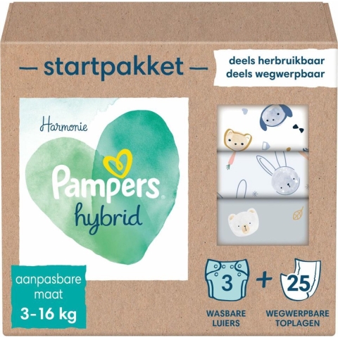 2x Pampers Harmonie Hybrid Starterspakket met 3 Wasbare Luiers en 25 Toplagen 1 set