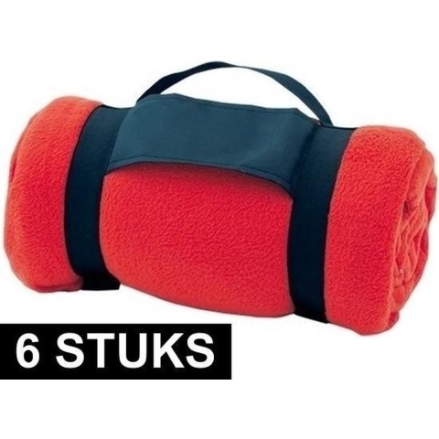 6x Fleece dekens/plaids rood afneembaar handvat 160 x 130 cm -