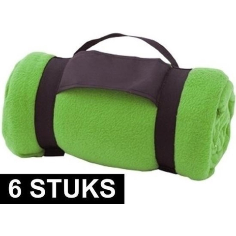 6x Fleece dekens/plaids groen afneembaar handvat 160 x 130 cm -