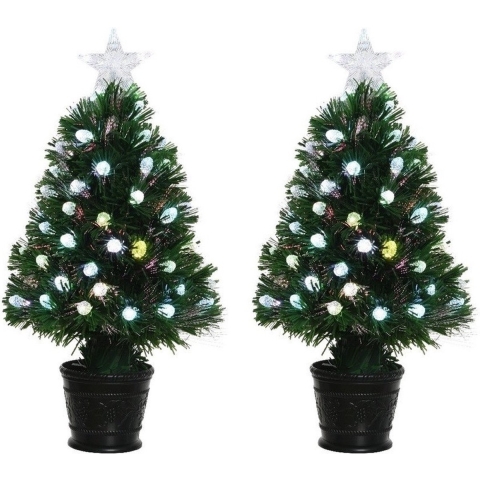 2x Groene glasvezel kunstkerstbomen 90 cm met LED knipperende lampjes -