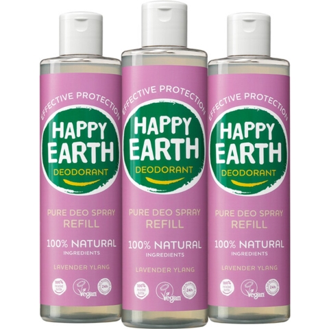 3x Happy Earth 100% Natuurlijke Deo Spray Navulling Lavender Ylang 300 ml