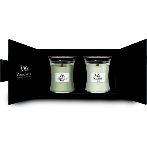 WoodWick Geurkaars Deluxe Geschenkset Medium Fireside en Linen 2 x 275 gr