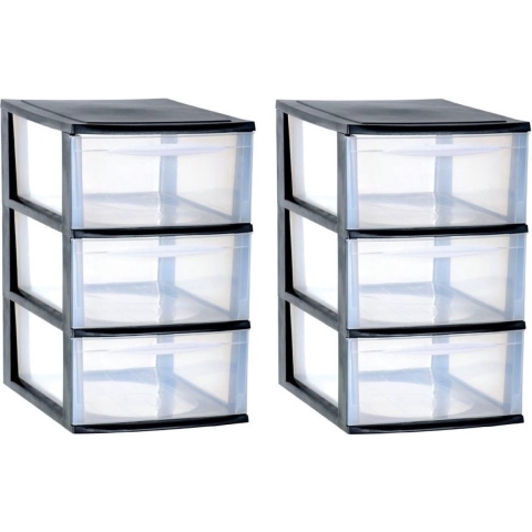 2x stuks ladenkast/bureau organizers zwart stapelbaar A4 met 3x lades L26 x B36 x H41 cm -