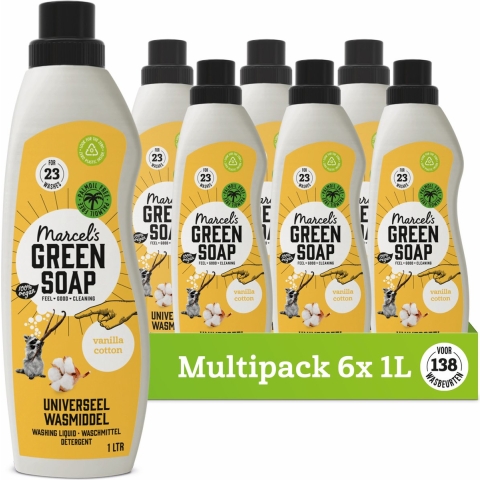 6x Marcel's Green Soap Wasmiddel Katoen&Vanille 23 Wasbeurten 1 liter
