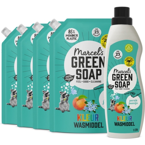 Marcel's Green Soap Wasmiddel Kleur Perzik&Jasmijn 23 Wasbeurten + 4 Navullingen Pakket