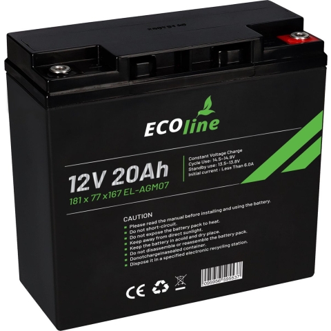 EcoLine - AGM 12V 20AH 20000mAh VRLA Batterij - 181 x 77 x167 - Deep Cycle Accu
