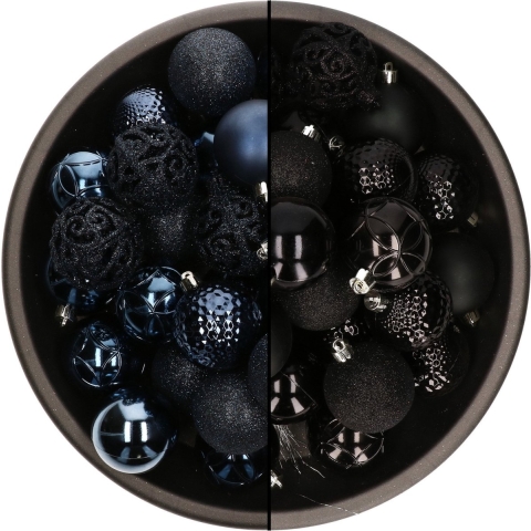 74x stuks kunststof kerstballen mix zwart en donkerblauw 6 cm -