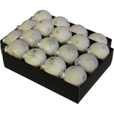 24x Luxe glazen sneeuwvlokken/sterren kerstballen wit 7,5 cm -
