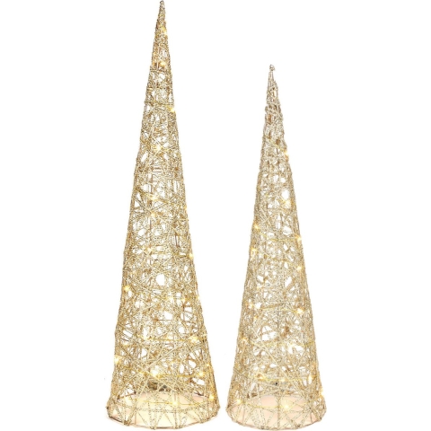 Verlichte LED kegels/kerstboom - 2x st - goud - H60 en H80 cm -