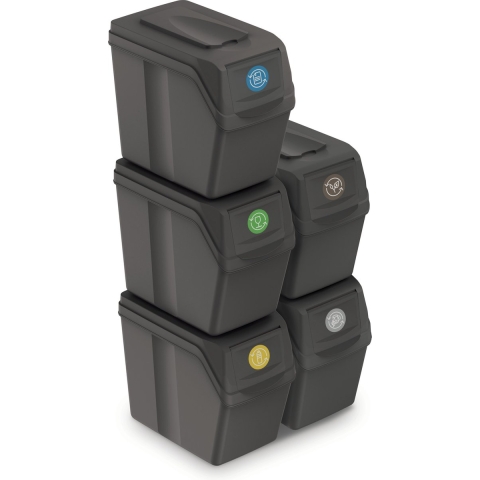Set van 5x kunststof afvalscheidingsbakken grijs van 20 liter -
