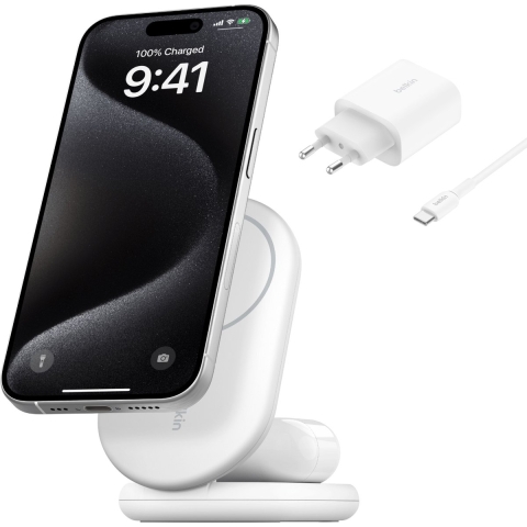 Belkin Boost Charge Qi2 15w Magnetic 2-in-1 Stand Wit Draadloze Oplader