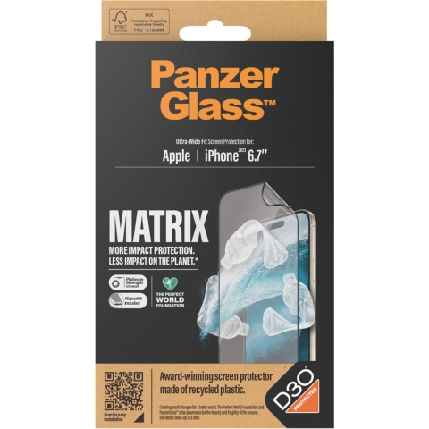 Panzerglass Apple Iphone 15 6.7" - Ultra-wide Fit Matrix With D3o Anti-bacterial Alignerkit