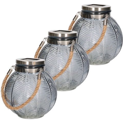 3x stuks grijze solar lantaarn van gestreept glas rond 16 cm -