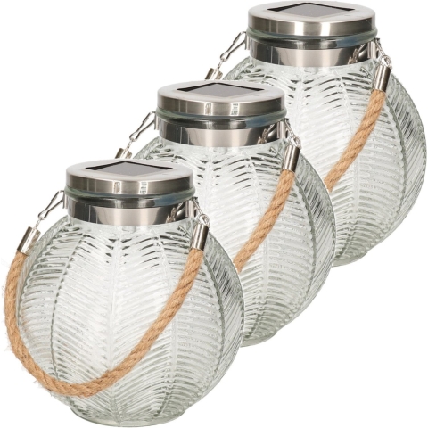 3x stuks transparante solar lantaarn van gestreept glas rond 16 cm -