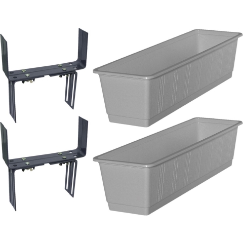 Set van 3 kunststof plantenbakken grijs rechthoekig 60 cm met 6 verstelbare balkon/muurbeugels -