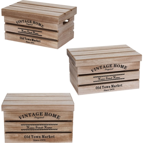 3x Houten opbergkisten met deksel 30cm/36cm/42cm -