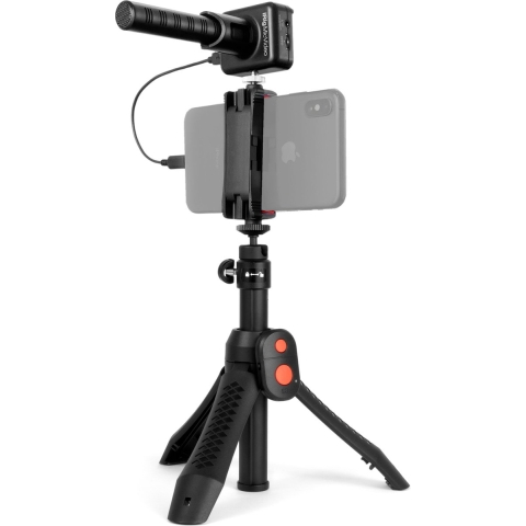 IK Multimedia iRig Mic Video Bundle Smartphone microfoon Statief Zendmethode:Kabelgebonden Incl. standaard, Incl. windkap USB, Hoofdtelefoon (3.5 mm jackplug)