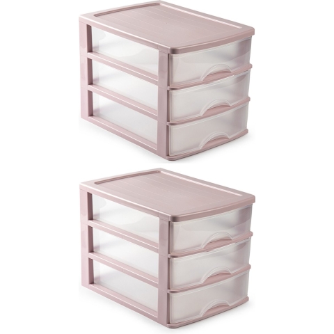 3x stuks ladeblok/bureau organizer met 3 lades roze/transparant L 35,5 x B 27 x H 26 cm -