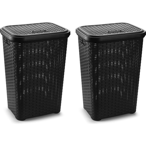 2x stuks grote rotan wasmand met deksel van 60 liter in het zwart -
