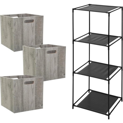 Opbergrek 3-laags Smartrack - 3x mandjes hout - grijs - 34 x 98 cm -
