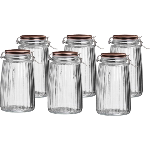 Voorraadpot/bewaarpot - 6x - 1,8L - glas - met beugelsluiting - koperen deksel -